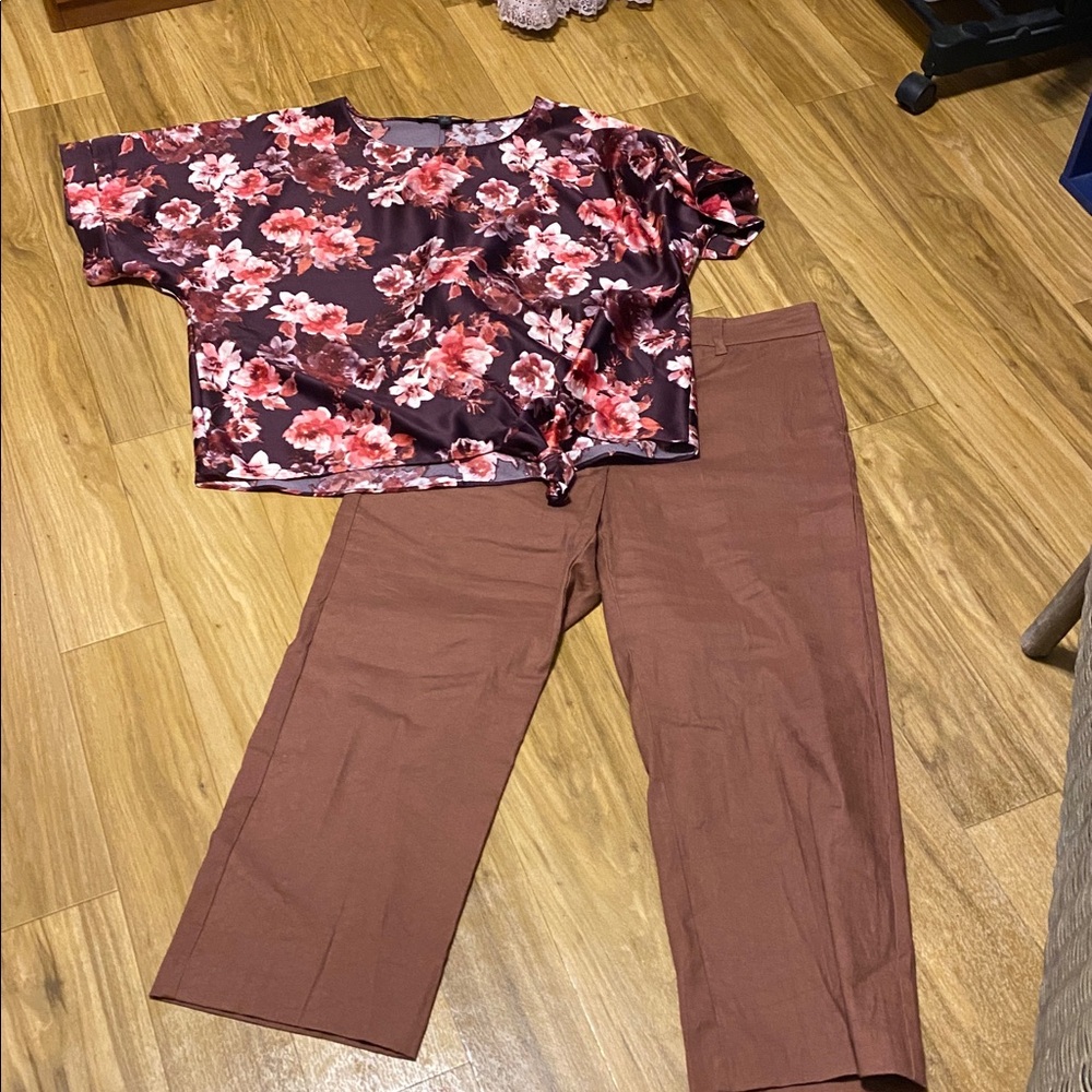 JJill Women’s linen blend slacks in rich brown w lovely top from M Jacobs